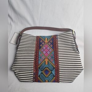 NWT Jen & Co Ember Hobo Embroidered Aztec Print On Black/White Stripe